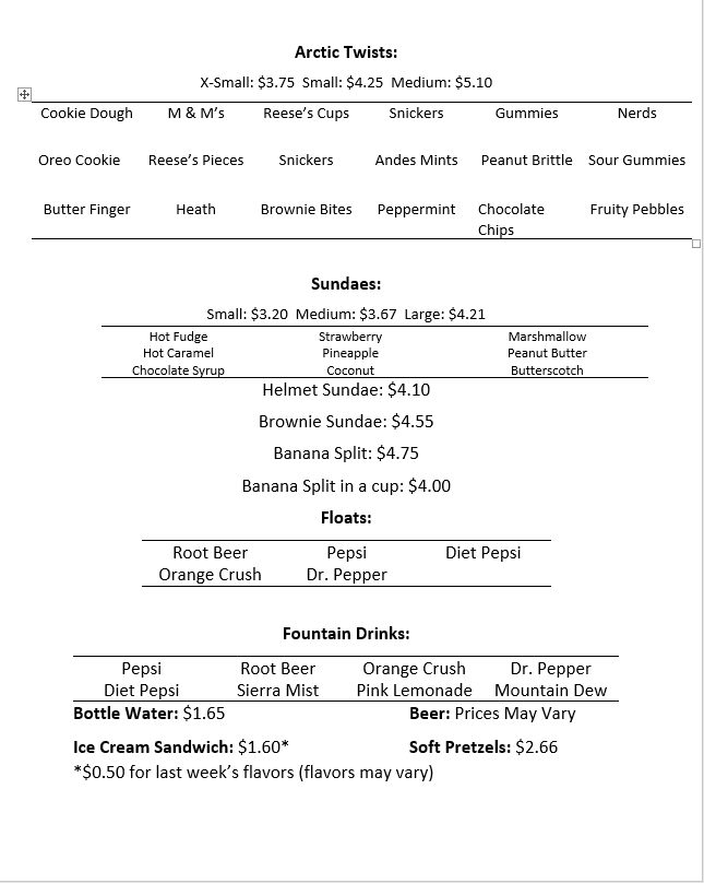 Menu - Twist Ice Cream