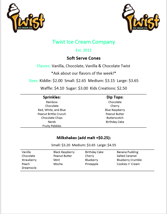 Menu - Twist Ice Cream